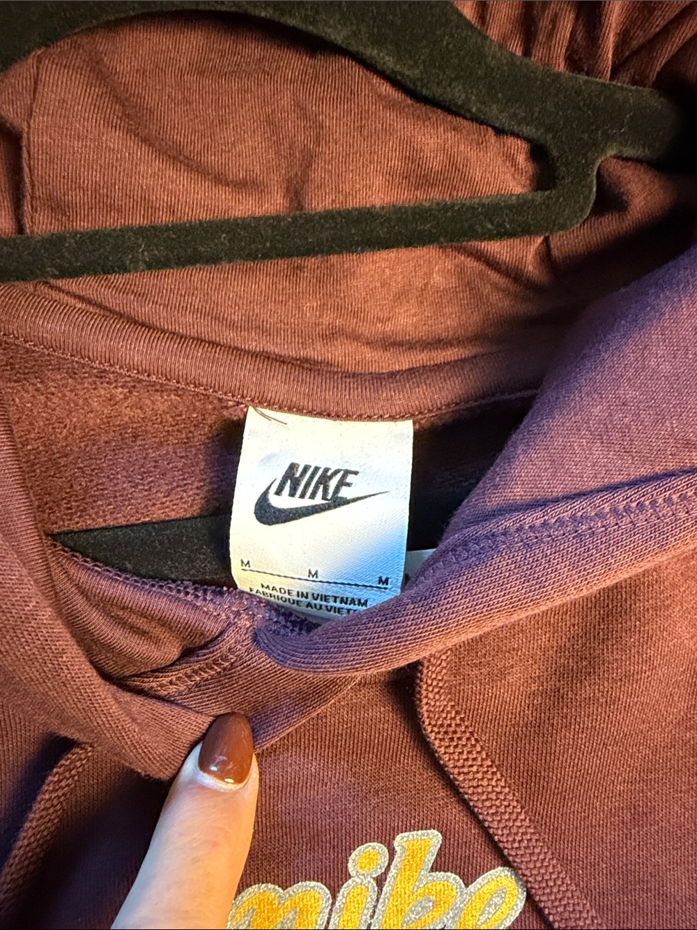 Nike Maroon Hoodie with Yellow Swoosh - Picture 2 of 3